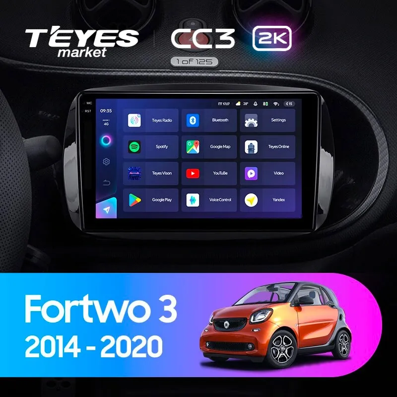 Комплект магнитолы TEYES CC3 2K 9.5" для Smart Fortwo III 2014-2023