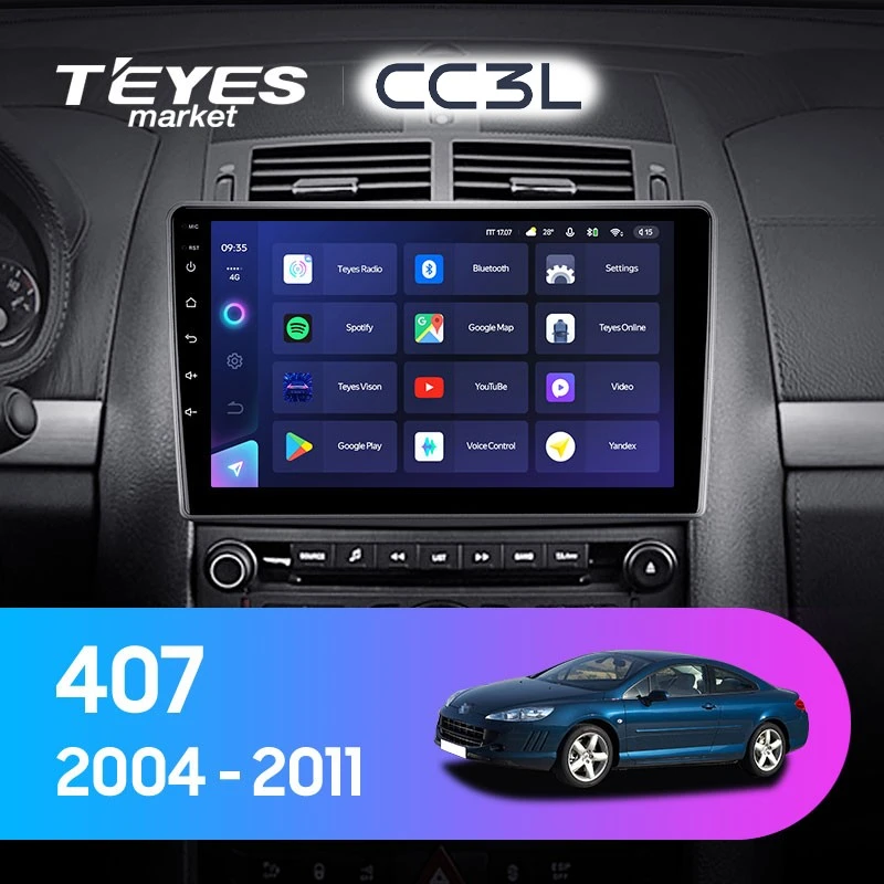 Комплект магнитолы TEYES CC3L 9.0" для Peugeot 407